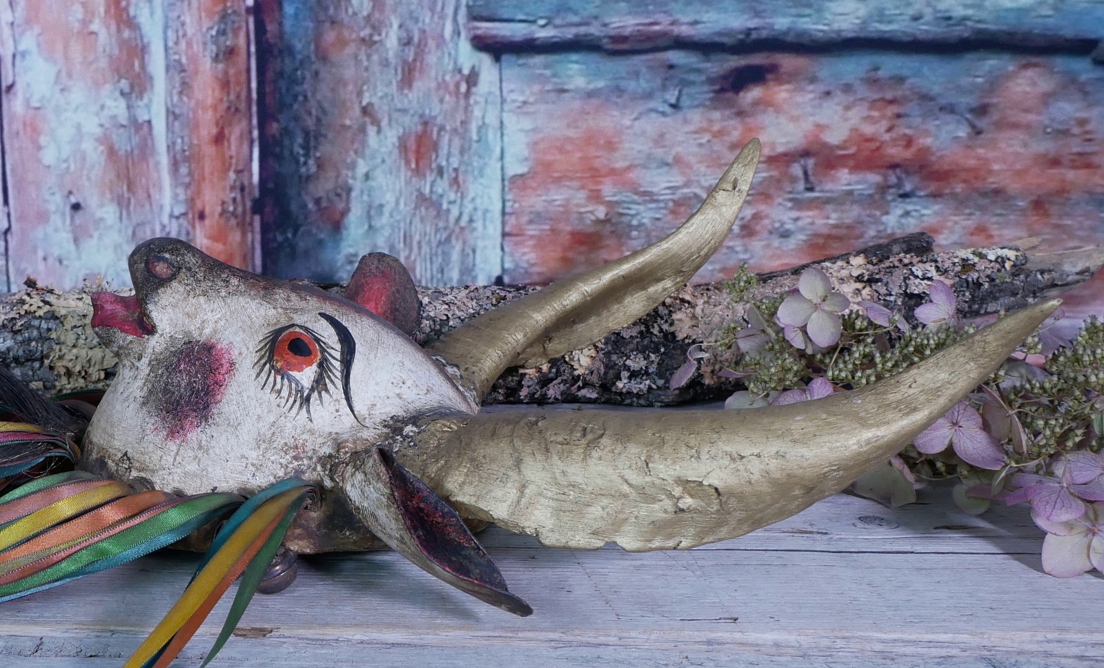 Coconut Goat Mask with Hair Beard Real Horns Handmade Guerrero Mexican Folk Art