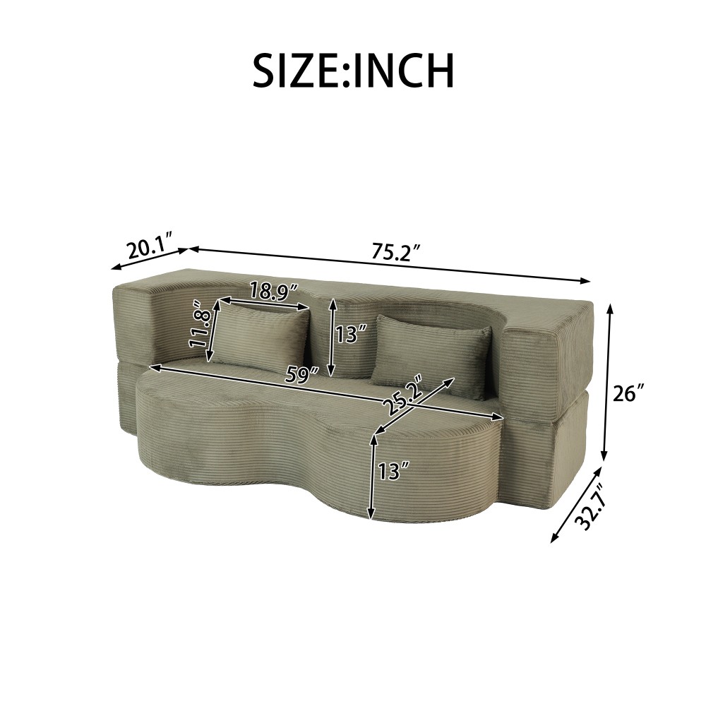 75" Foldable Convertible Sofa Bed, 3-Seater Sleeper with Memory Foam