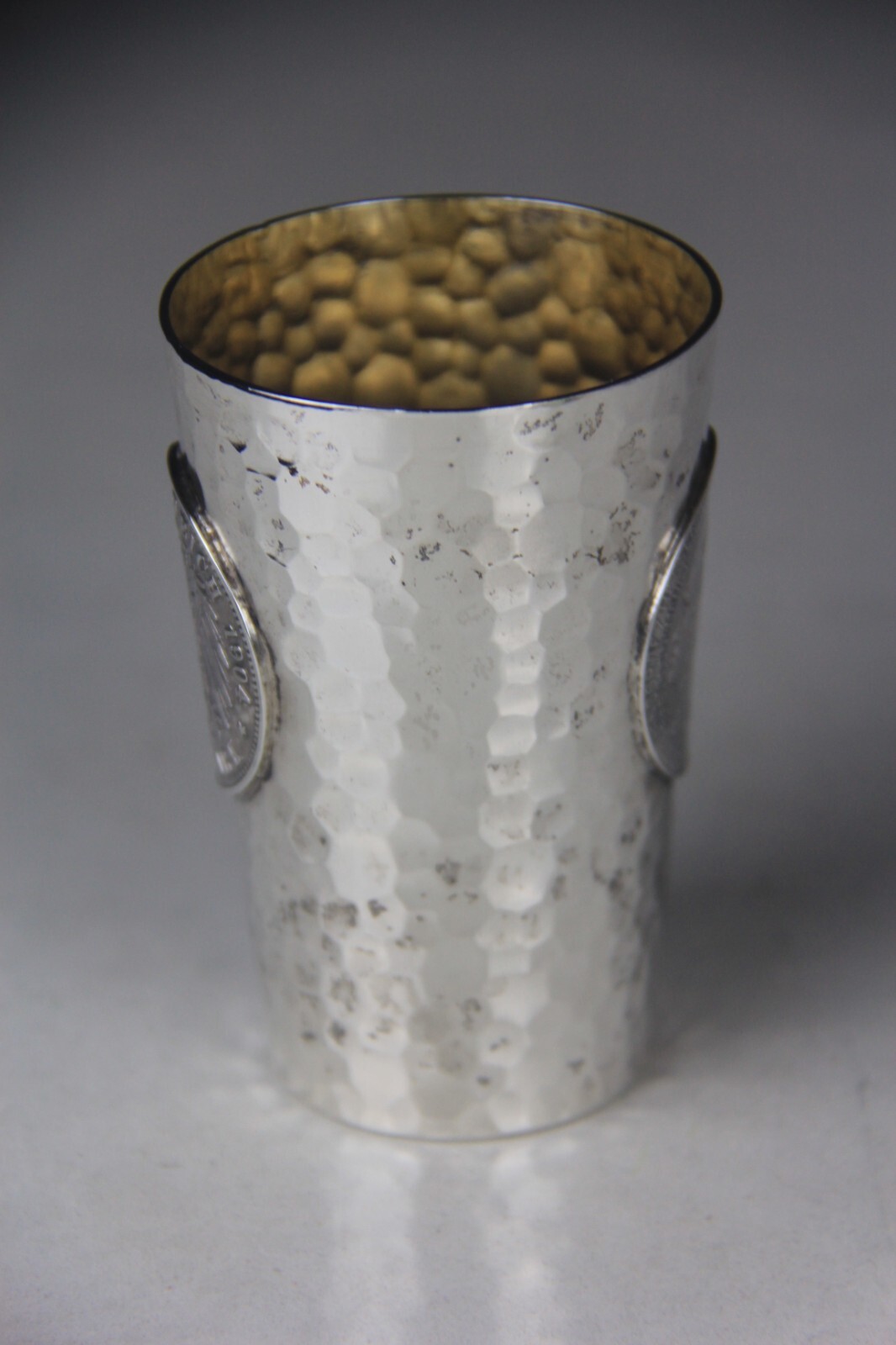 1904 German Hammered 800 Silver Beaker w/Hesse-Darmstadt 5 Mark Coin Attached