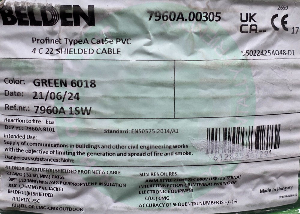 Belden 7960A 22/2P DataTuff CAT5e PROFINET Type A Network Cable PLTC Green /25ft