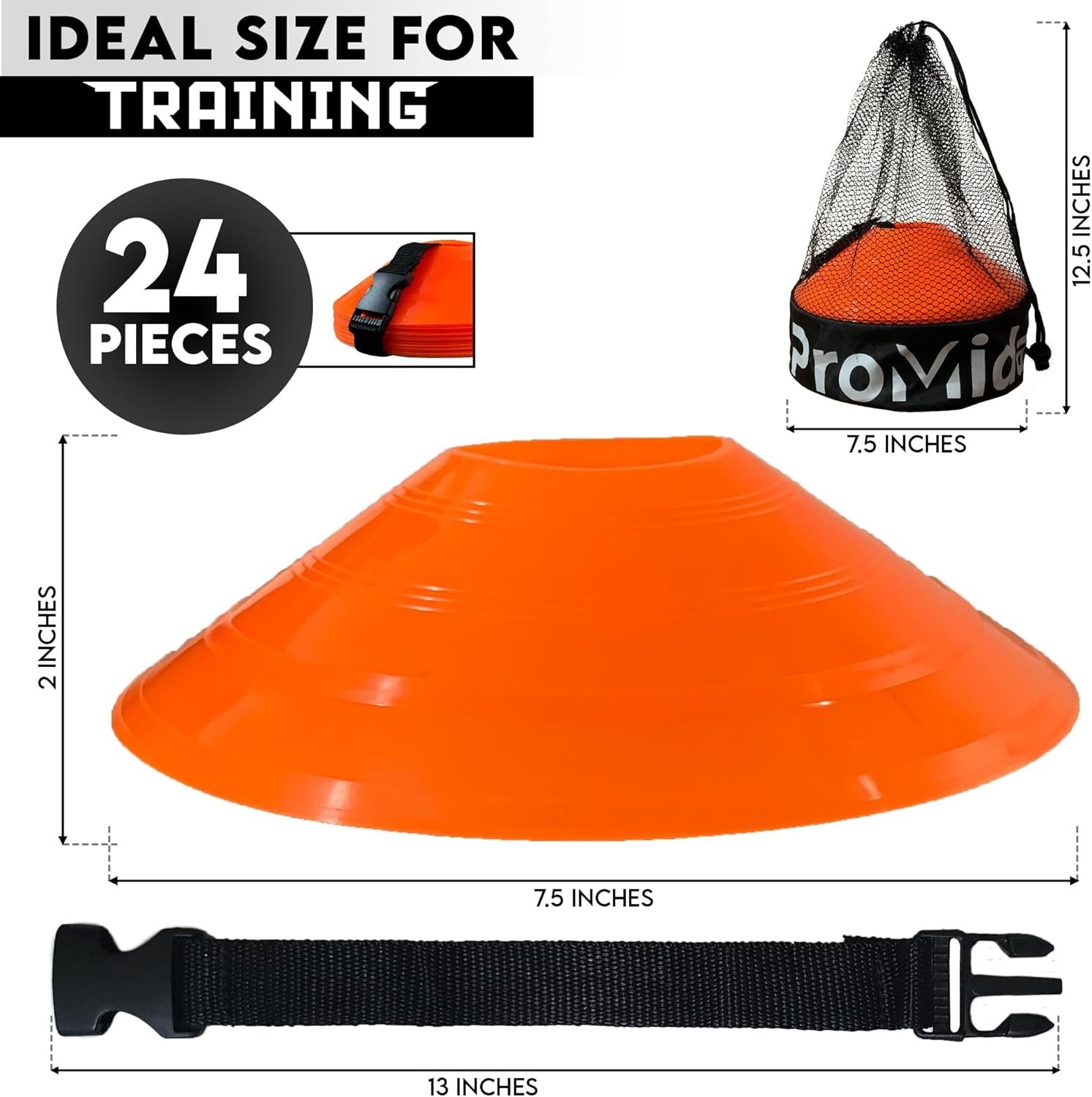 NEW / UNUSED ProMidas Orange Soccer Agility Cones With Bag / Strap - 24 Count