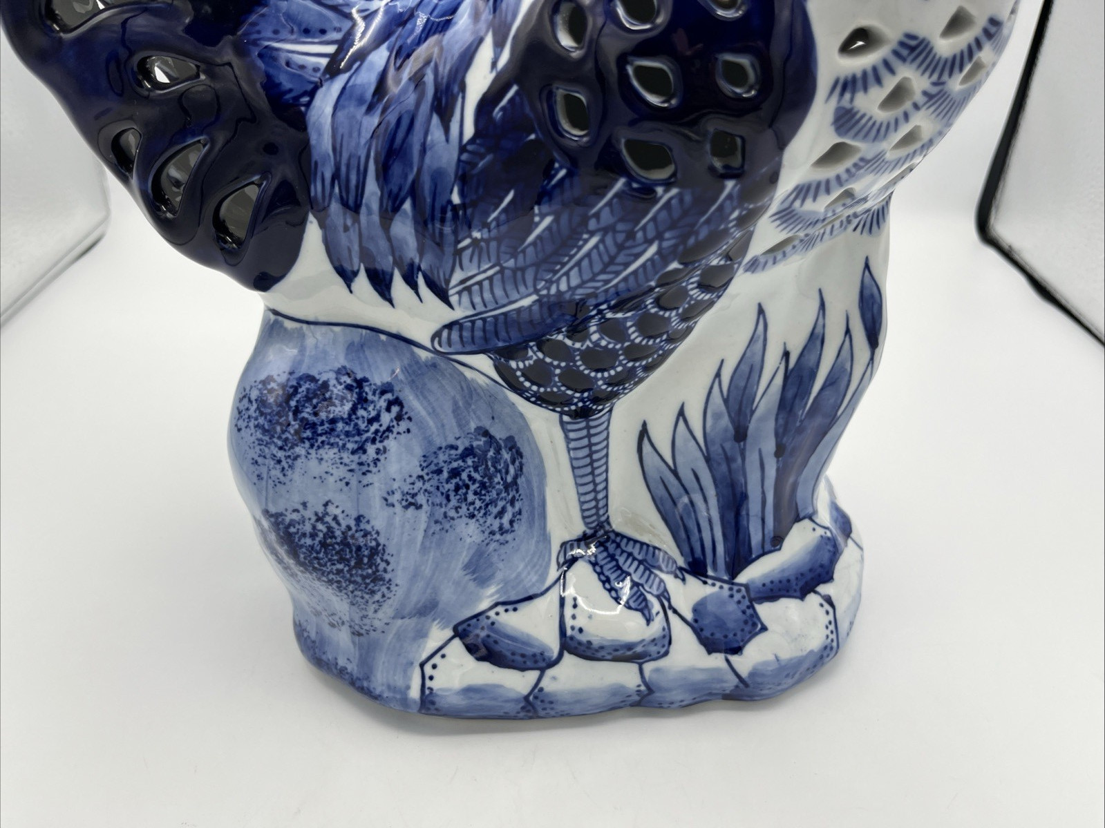 Ceramic Blue And White Chinoiserie Pierced Rooster Bird 15" High