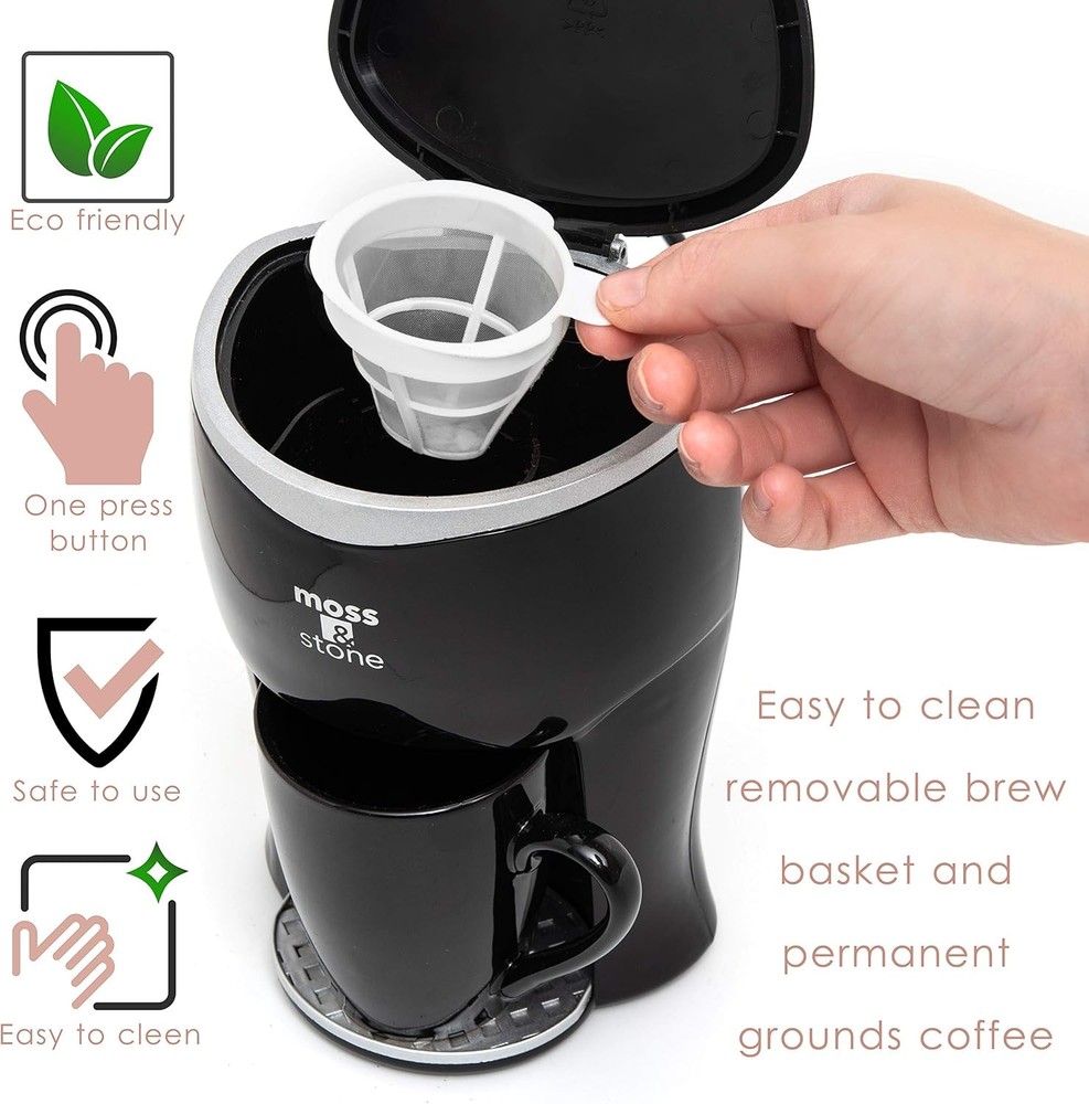 Moss & Stone Mini Drip Coffee Maker with Mug, Small Pot With Black