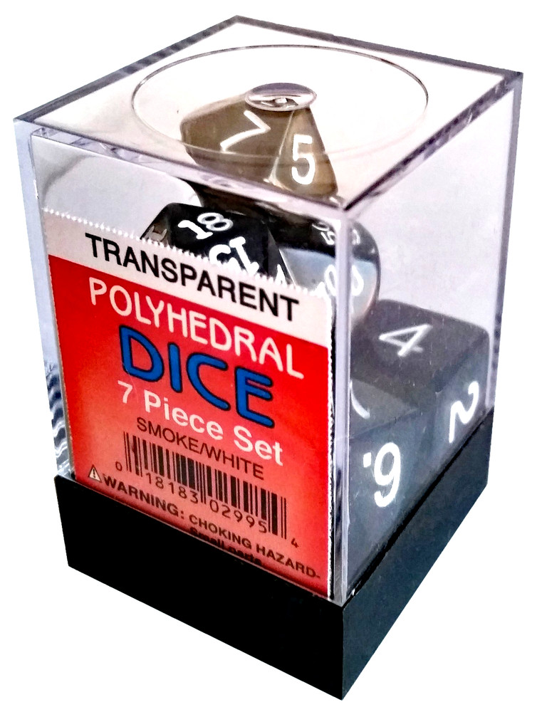 Koplow Polyhedral Transparent Smoke with White 7 Dice Set rpg game translucent