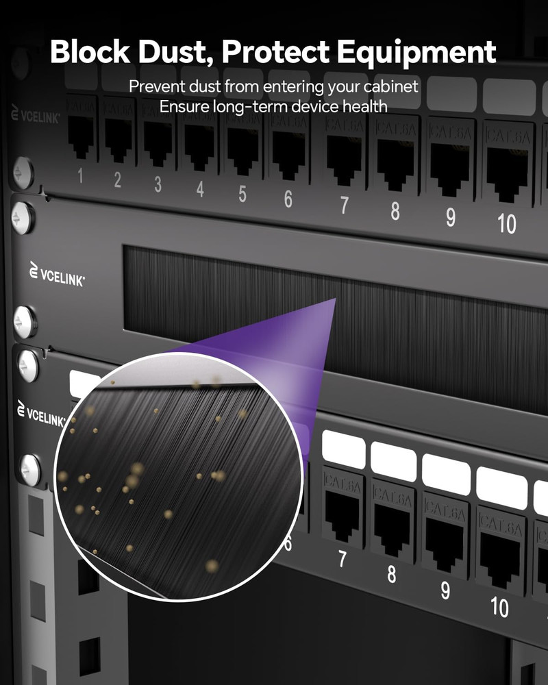 1U Metal Brush Patch Panel 2-Pack for Server Rack Cable Management