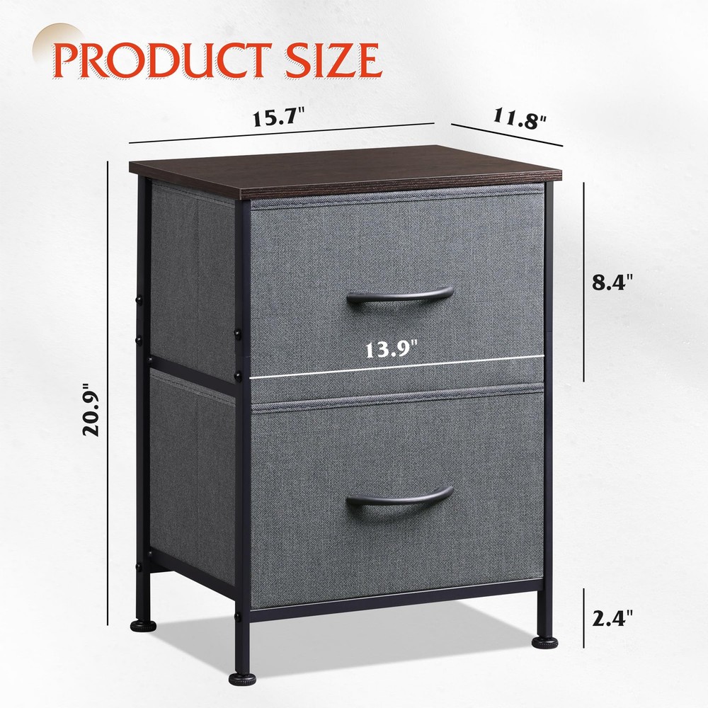 WLIVE 2-Drawer Nightstand Bedside Table with Fabric Bins, Dark Grey