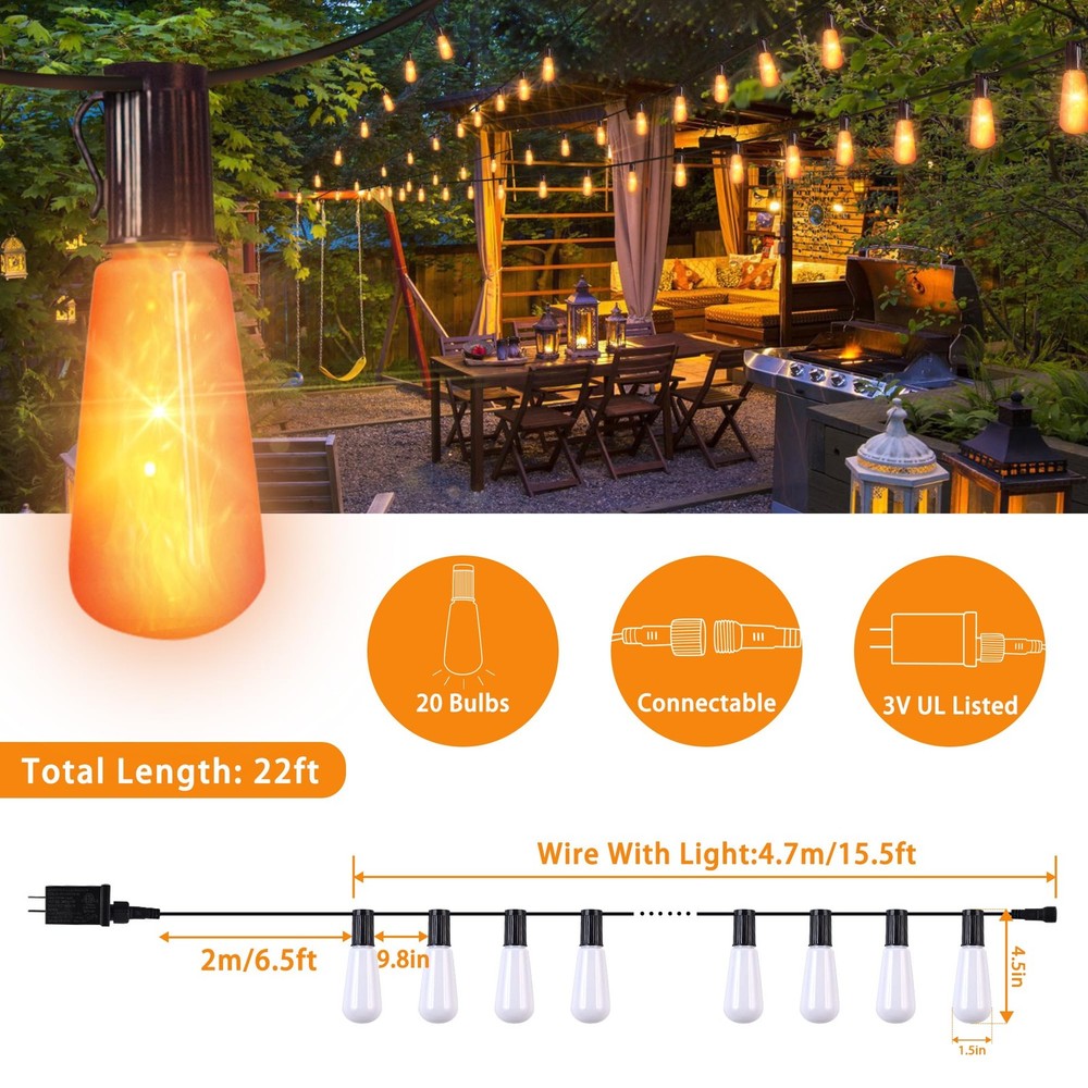 Flickering Flame String Lights,22Ft 20LED Lights for Outside,Plug in Garden L...