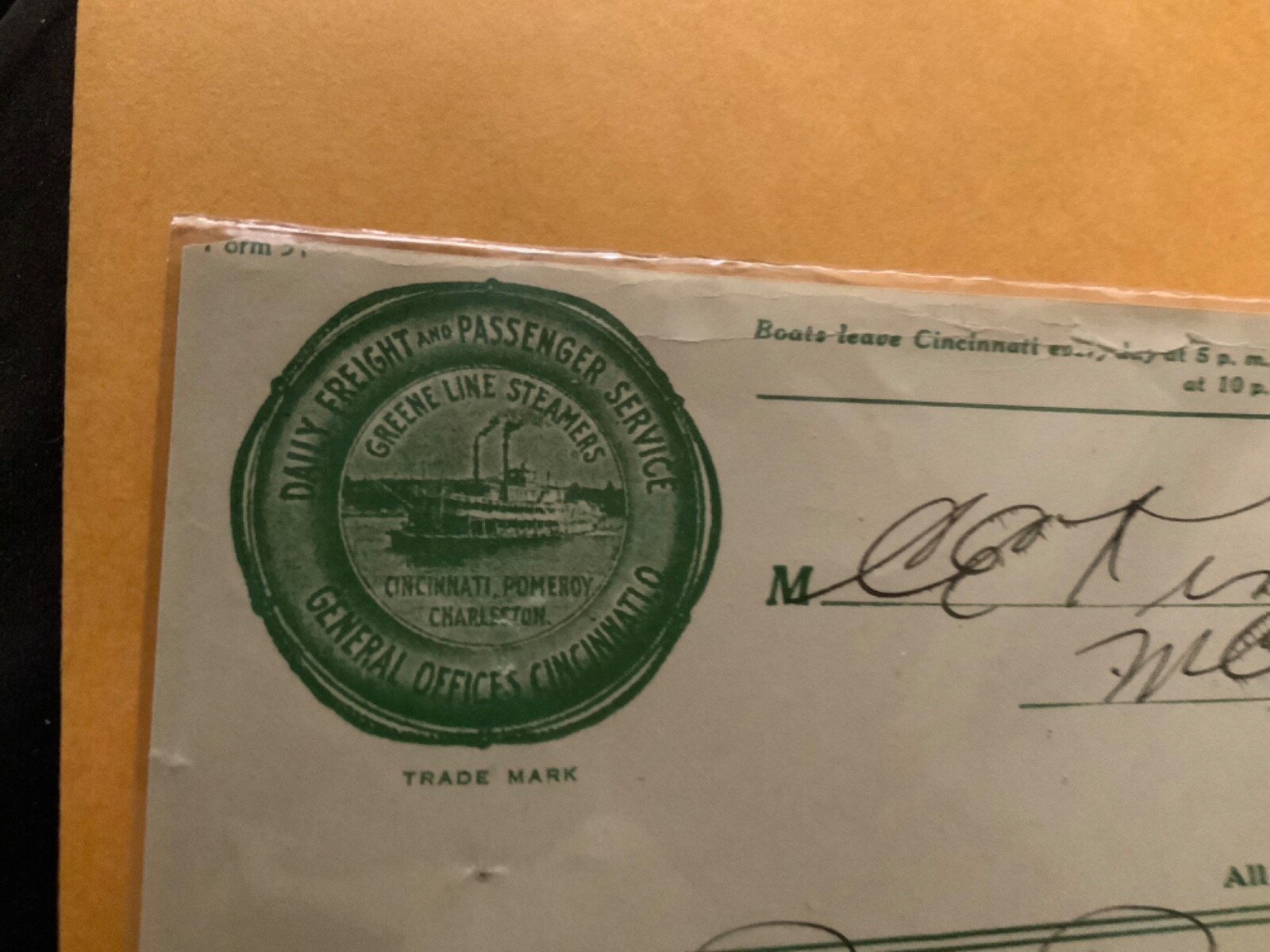 Greenline Steamer Ship Cincinnati Ohio OH 1914 Freight Form nice Graphics