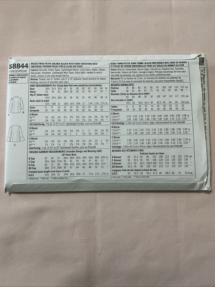 Simplicity 8844 Unlined Blazer Jackets w/ Collar Variations Pattern Size 6-14 UC