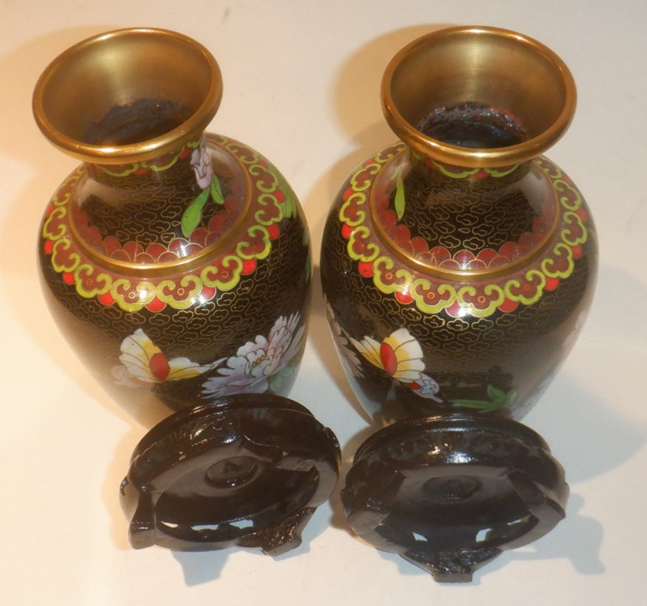 Pair of Vintage Cloisonne' Brass & Enamel Chinese Floral Vases w/Wood Stands