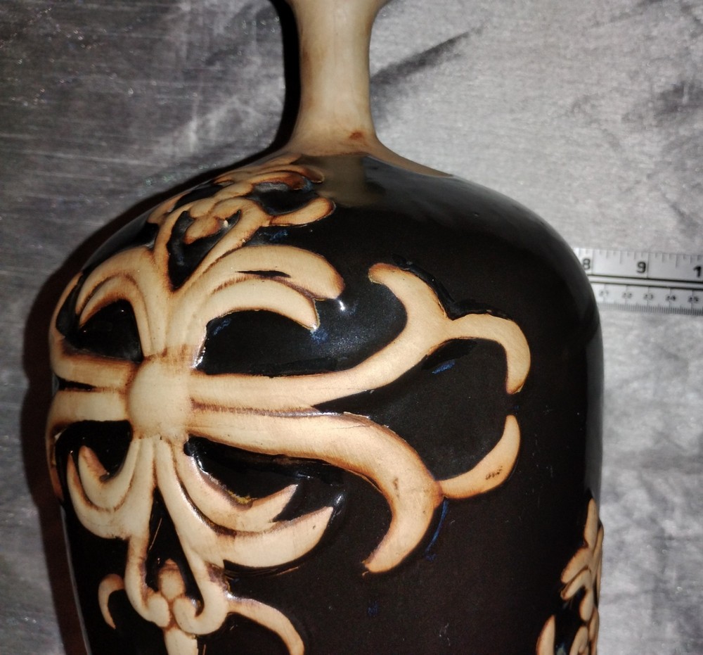 Decorative Glazed Narrow Neck Vase With Raised Scrollwork