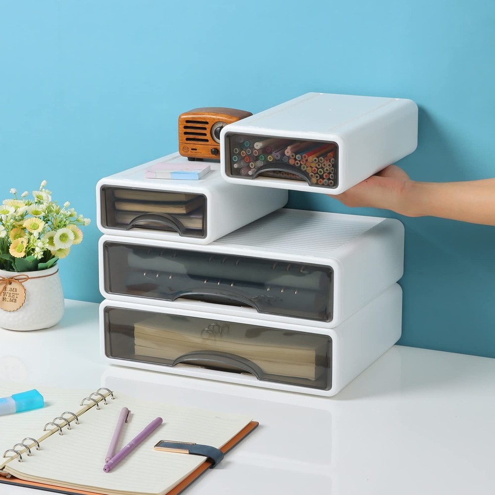 White Desktop Drawers for Paper, Stackable Office Storage Drawers for Desk, C...
