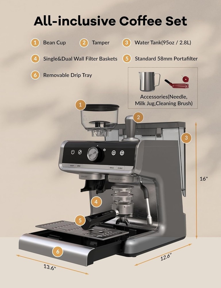 Espresso Machine With Grinder, 20 Bar Semi-Automatic Espresso Coffee Maker Wi...