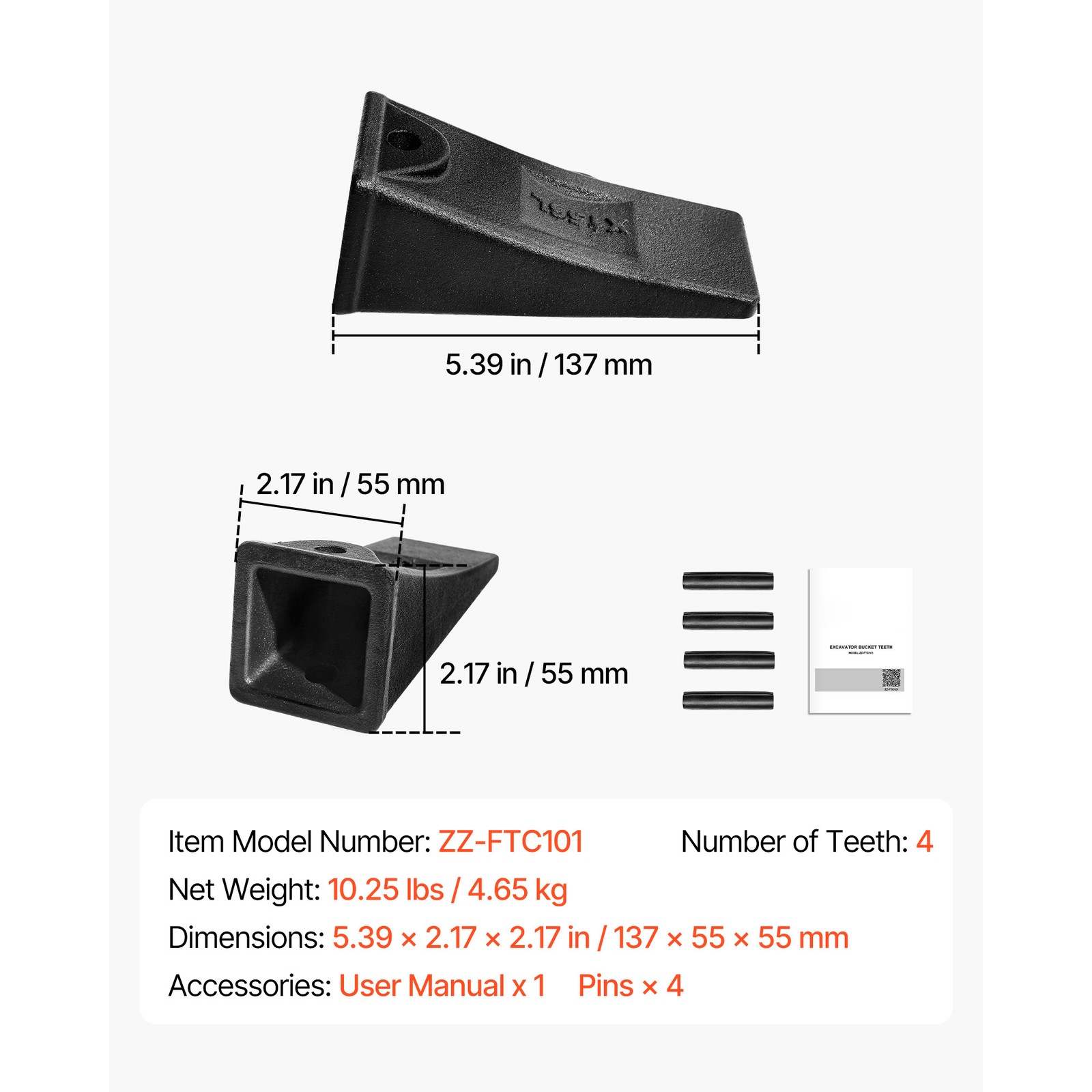 Uimoso 4 Pack X156L Bucket Teeth 5.3" with Pins for Excavator Skid Steer Backhoe