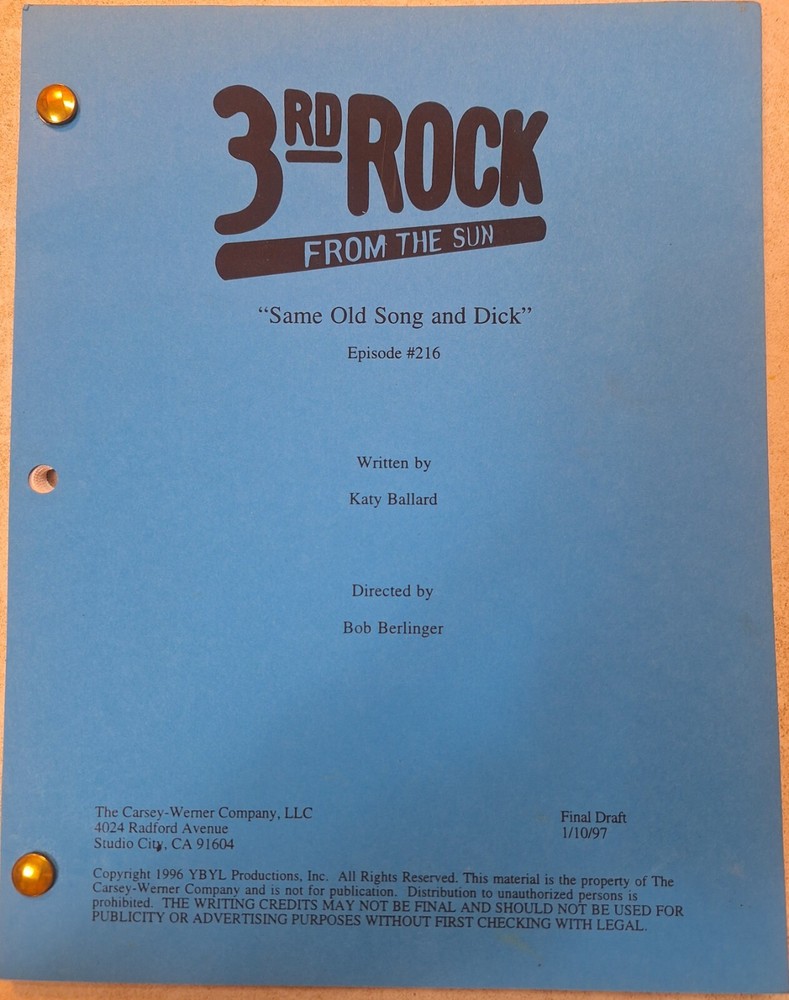 3RD ROCK FROM THE SUN 1997 TV Script "Same Old Song And DICK"