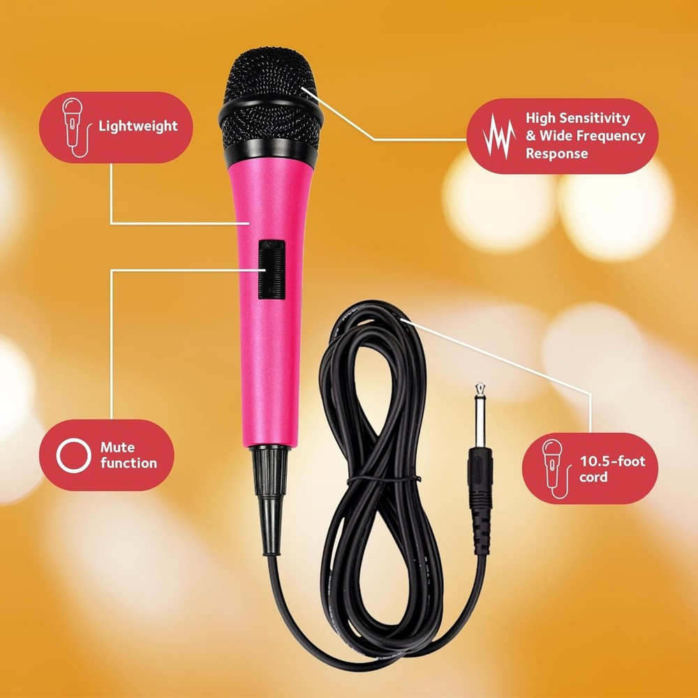 Lightweight Pink Karaoke Microphone with Mute Function - Unidirectional Dynamic