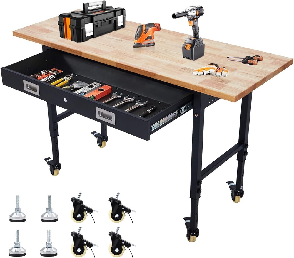 60" Workbench with Drawer Storage Adjustable Height Worktable for Garage Top