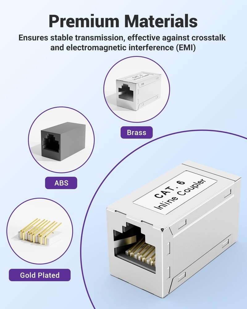 VCELINK RJ45 Coupler Shielded, Ethernet Cable Extender CAT6 1P, Silver