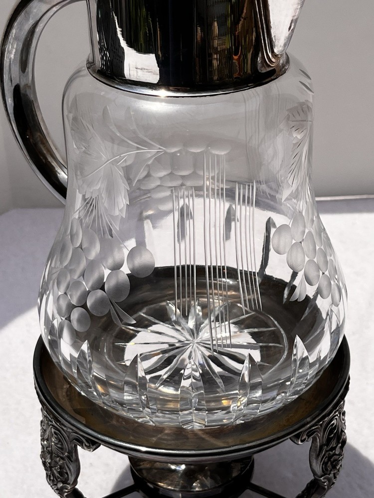 Vintage Cut Glass Pitcher Silverplate Stand Burner Grapes Pattern 11” Great