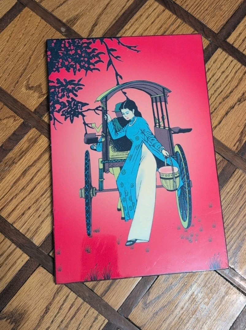 Colorful lacquered wood plaque Vietnamese Woman Rickshaw In 8"By 11.5