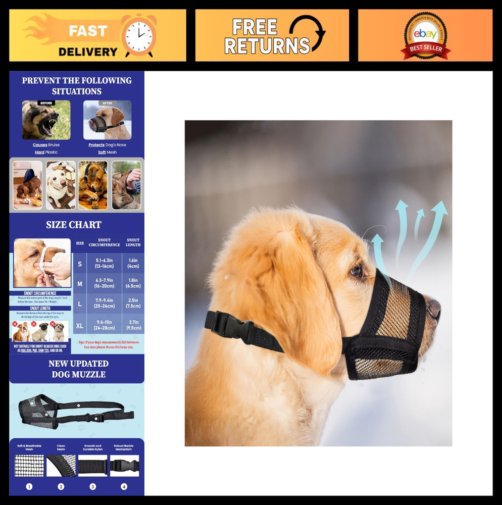 Adjustable Air Mesh Dog Muzzle for Large Dogs | No Bark, Prevent Biting, Chewing
