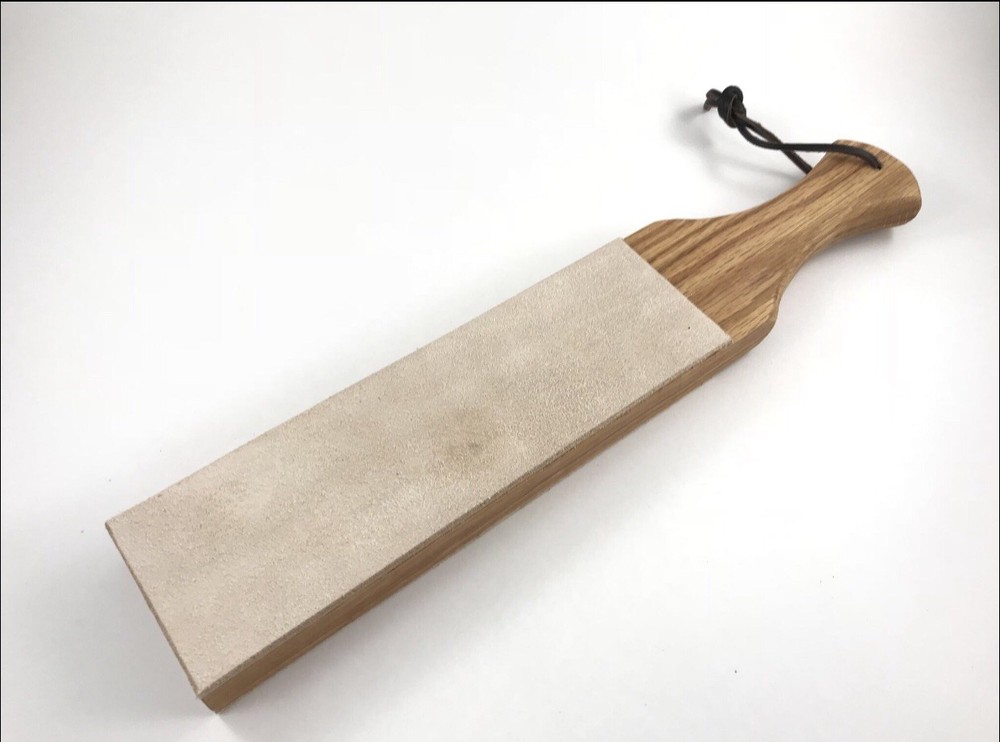 Large 14” Double Sided Oak Leather Sharpening Strop Block w/ Handle & Compound
