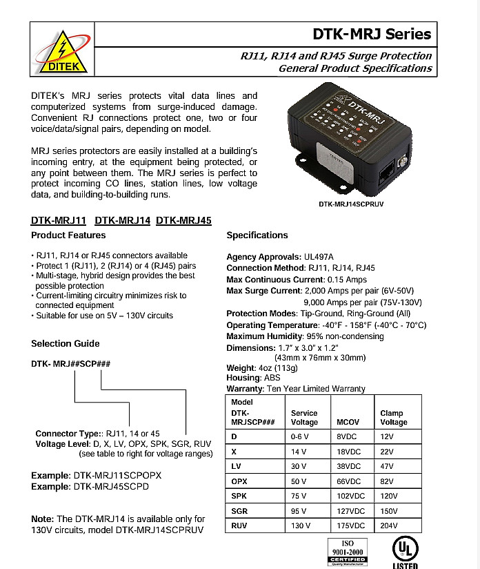 Ditek DTK-MRJ45SCPOPX Voice/Data/Signal Surge Protector 50V