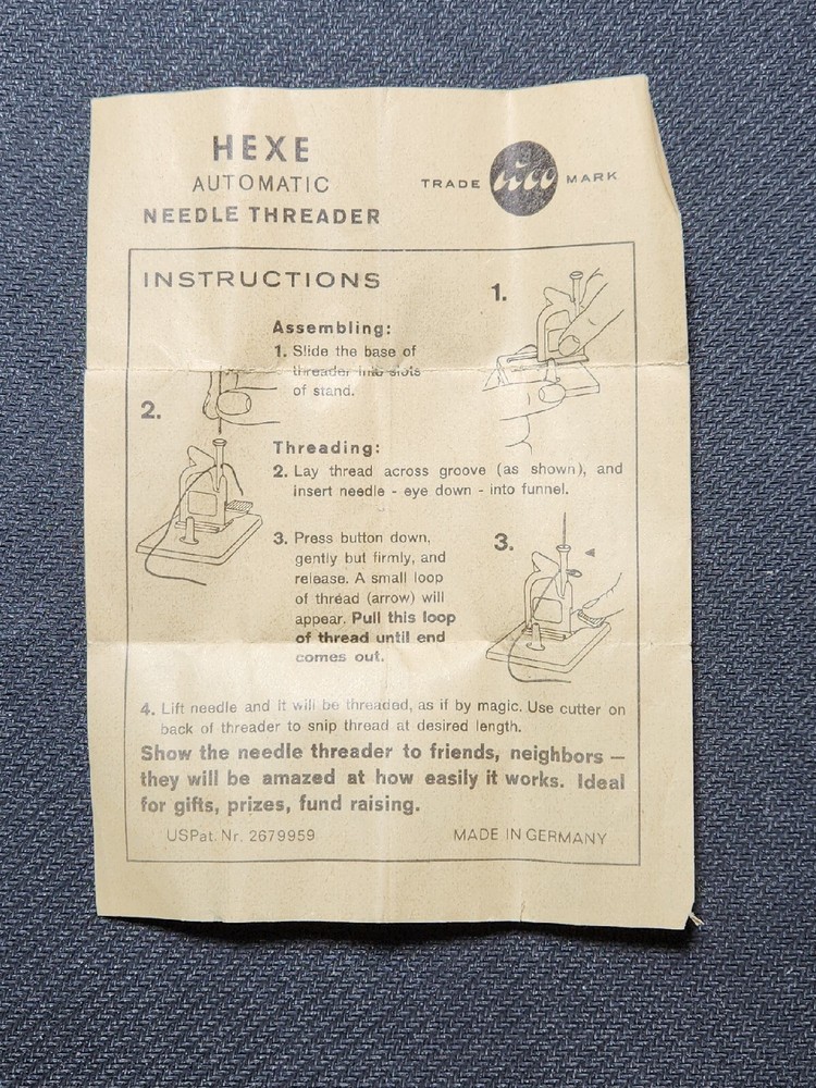 Hexe Einfadel Automatic Needle Threader w/ instructions West Germany 1960's