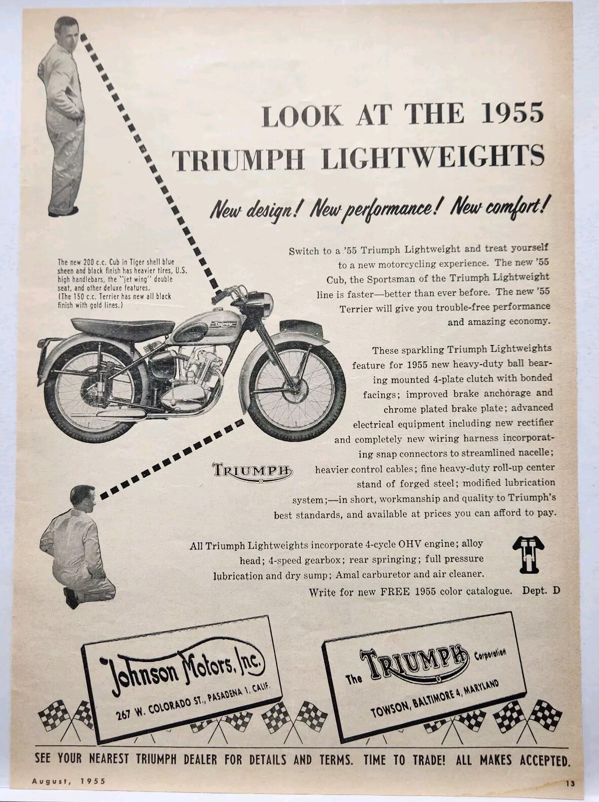 1955 Triumph Cub 200cc Motorcycle Vintage Print Ad Man Cave Art