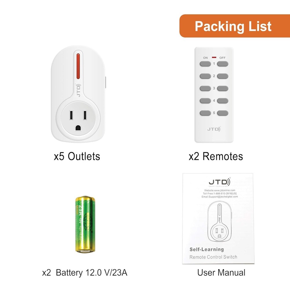 5 Pack Remote Control Outlet Switch - Energy Saving Wireless Plug