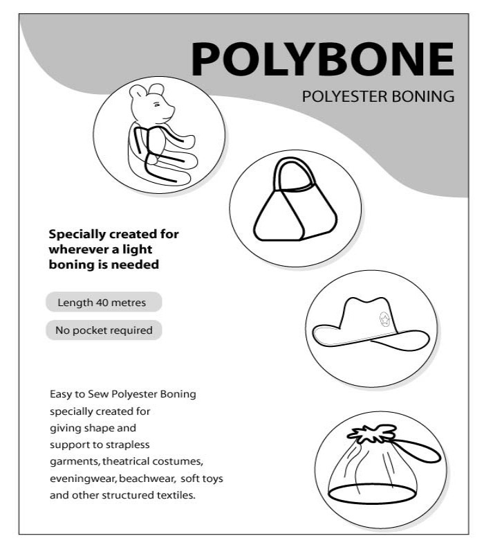 POLYBONE BLACK POLYESTER BONING, 40 MTR ROLL (CHOOSE WIDTH 8MM OR 12MM)