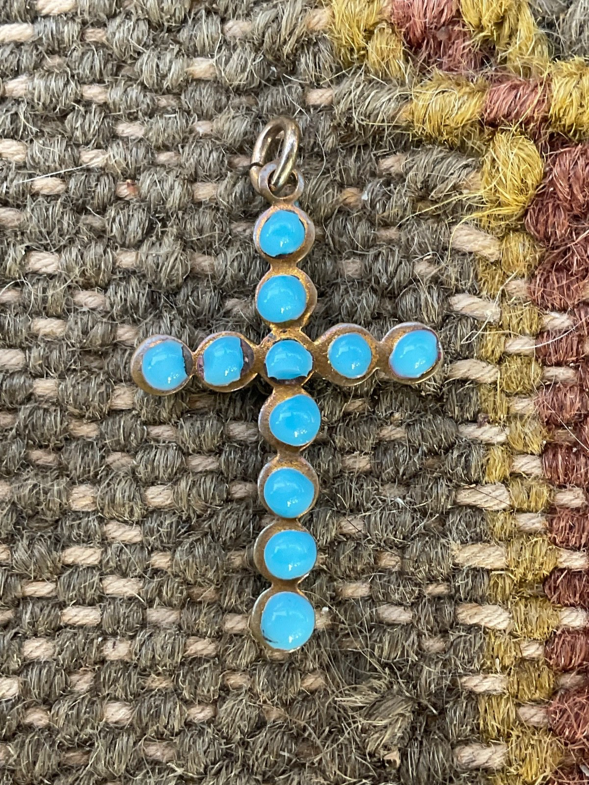French Antq. Silver~Gold Plate~Sky Blue Glass Enameled Drops Cross~Tres Chic