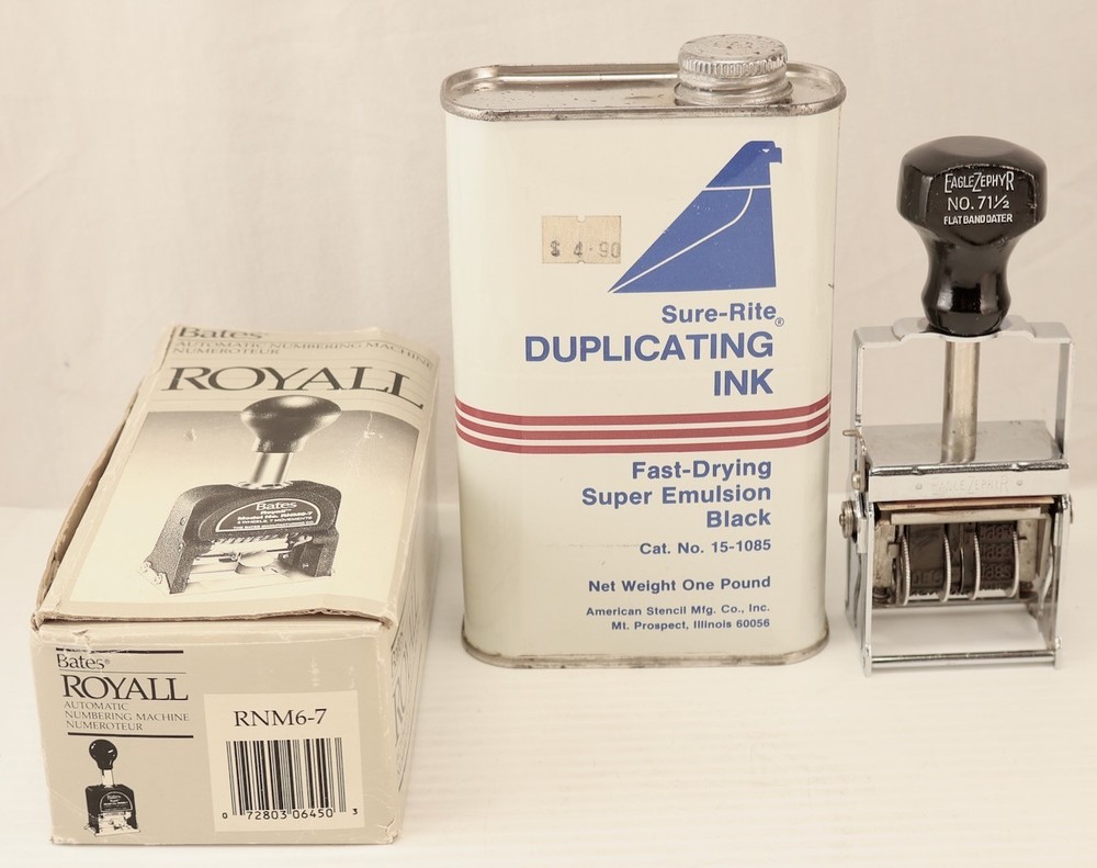 3 Pc. Date Number Stamping System Items / Bates Royall Sure-Rite Eagle Zephyr