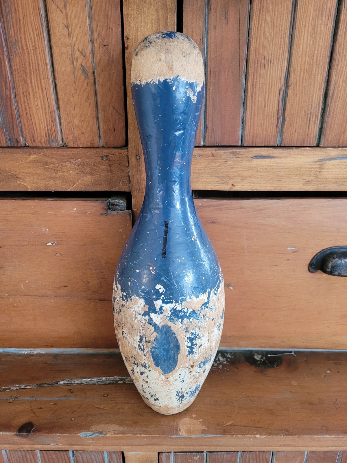Vintage Primitive Wood Painted Bowling Pin 15" farmhouse