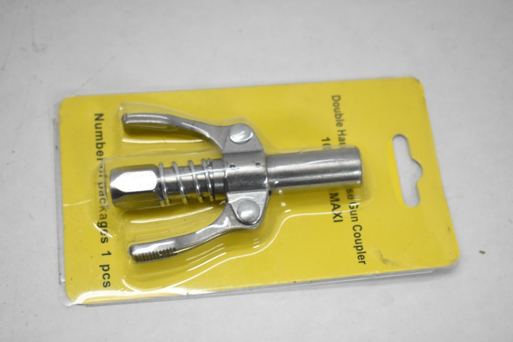 Double Handle Grease Gun Coupler 10000 PSI Locking Silver Nozzle