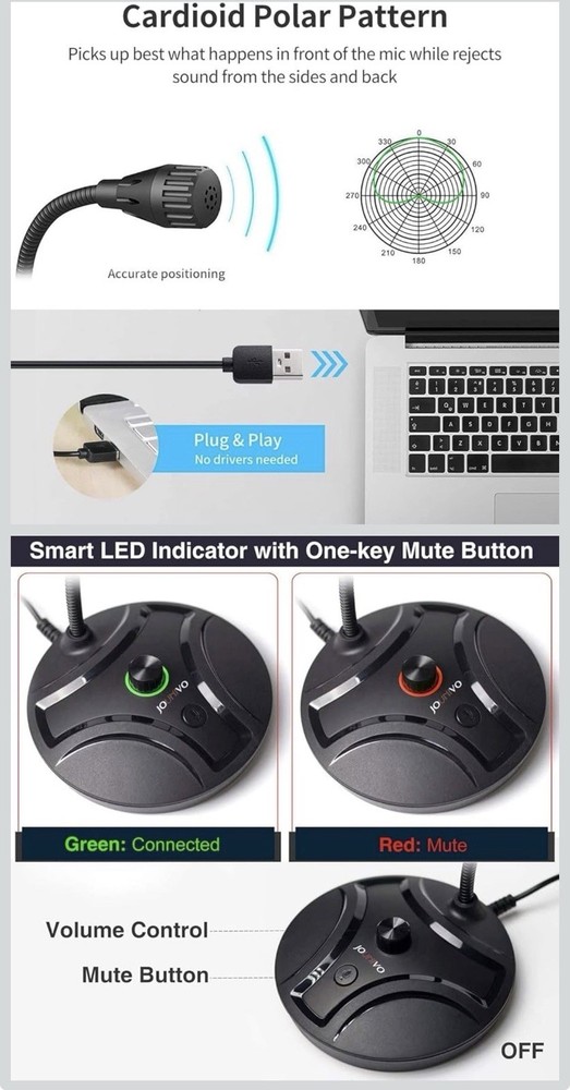 JOUNIVO USB Computer Microphone JV605 PRO with Mute Button & Volume