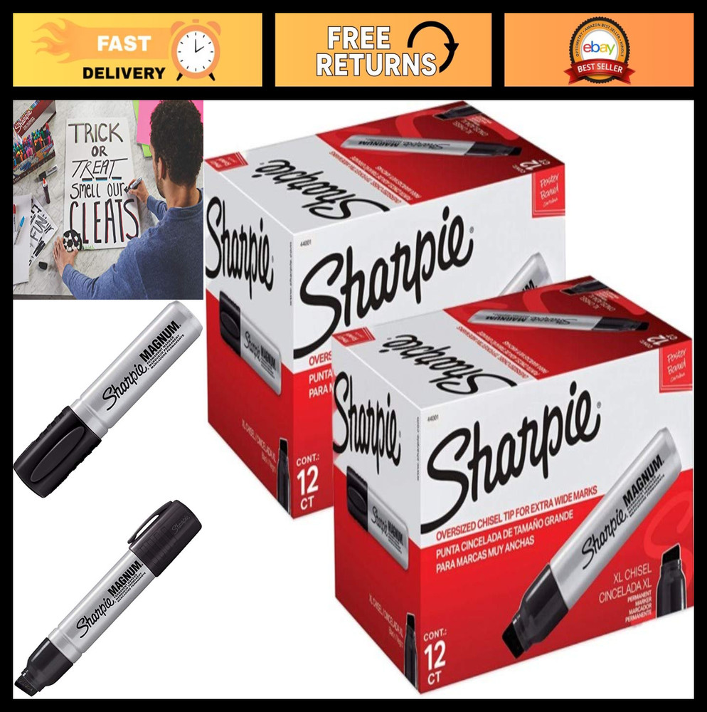 Extra Wide Permanent Markers - 24 Pack, Black Chisel Tip, Quick-Drying Ink, Fade