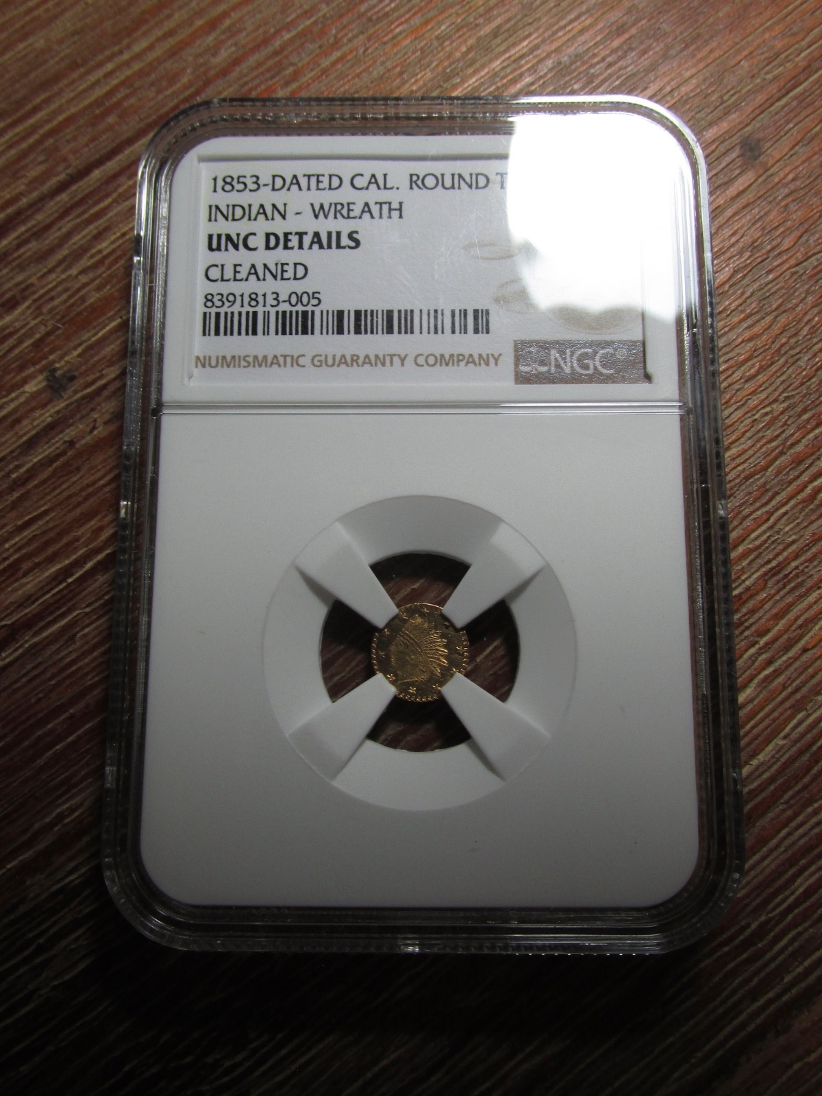 1853-Dated CAL. Round Gold Token...Indian - Wreath....NGC UNC Details