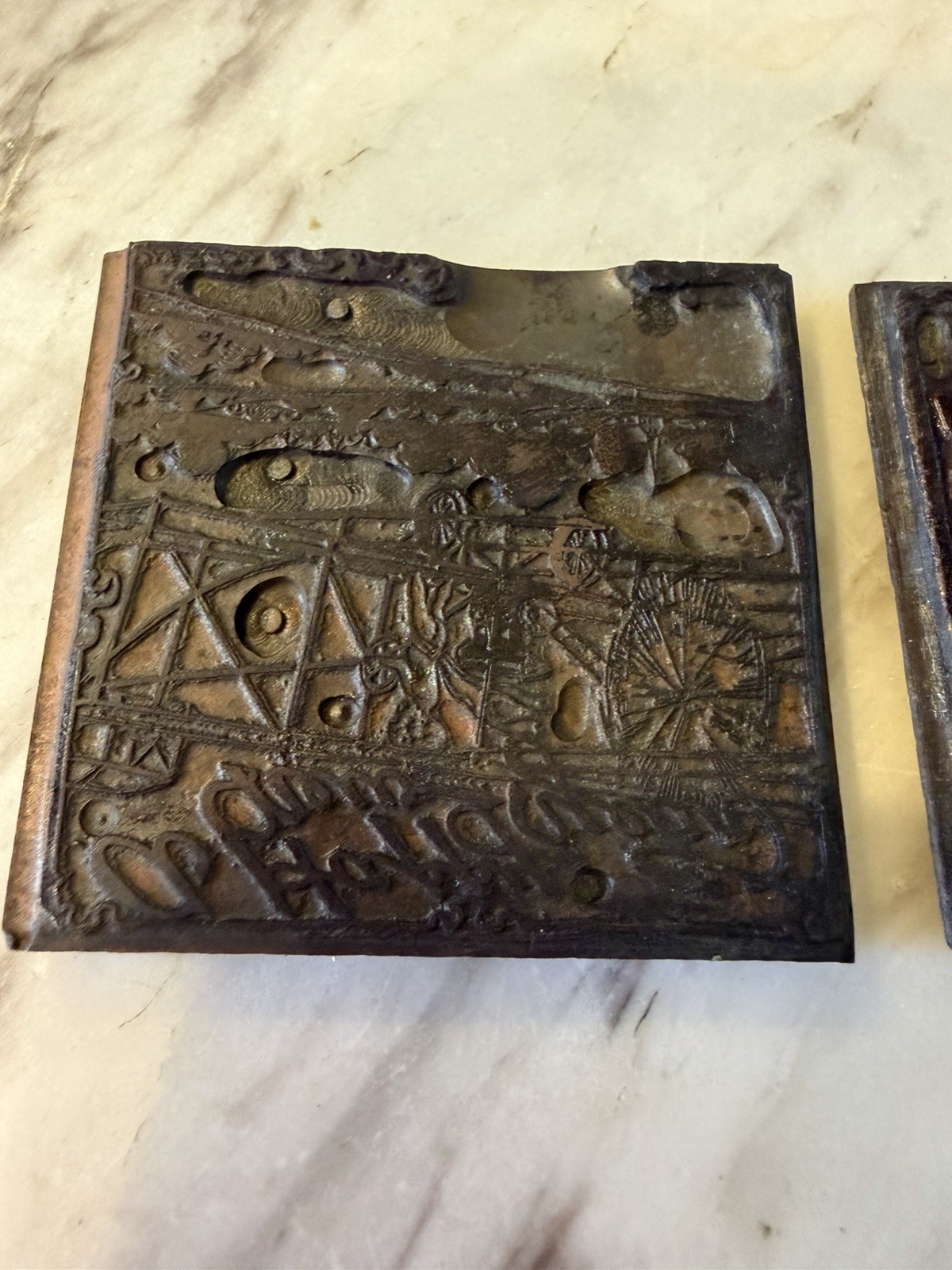 Pair Antique Letterpress Metal Printing Plates Farm Scene Industrial Machinery