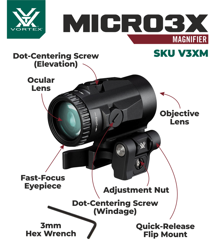 Vortex Optics Micro3X Red Dot Sight Magnifier w/ CD Hat and Cleaning Pen Bundle