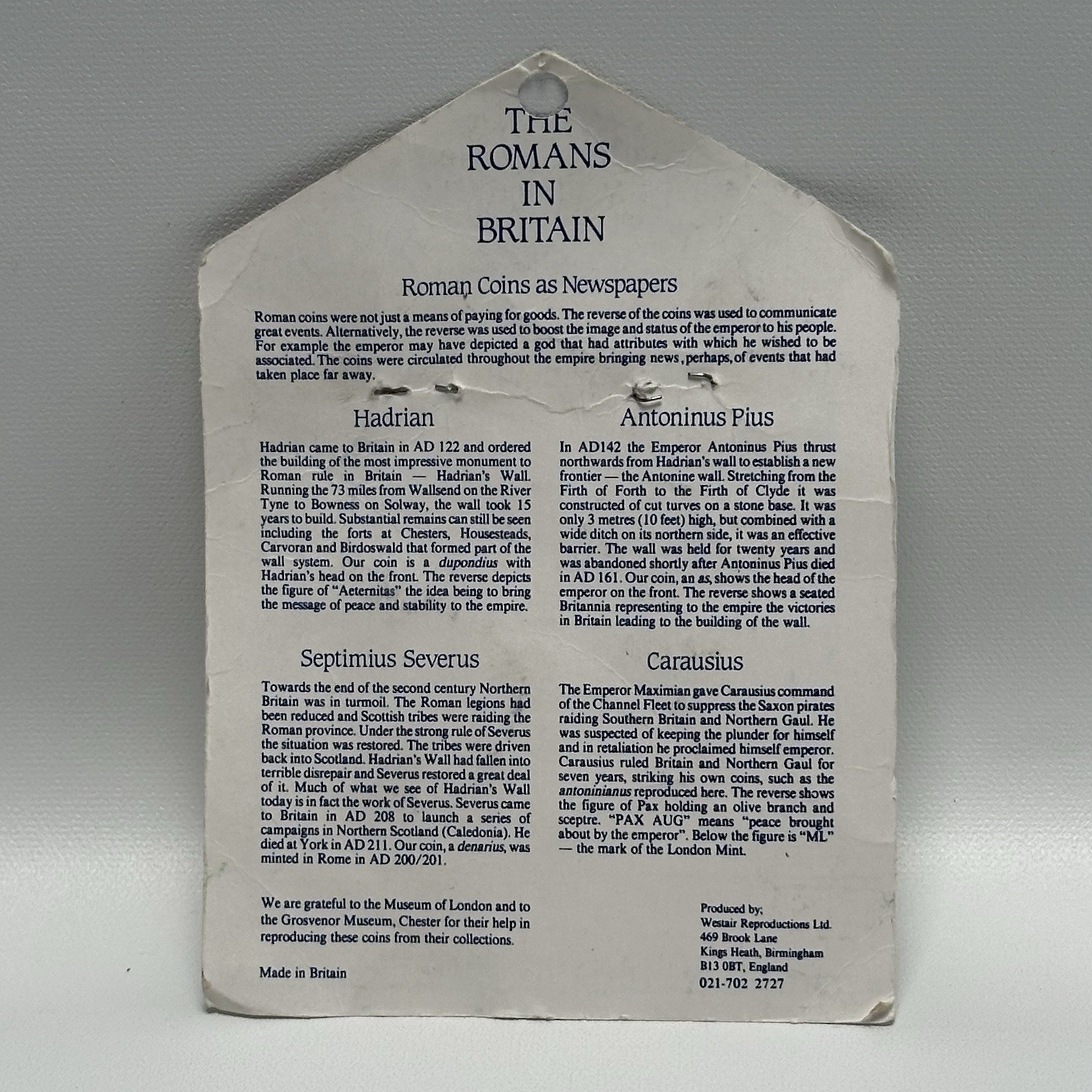 Reproduction Replica Roman Coins Set II The Romans in Britain Museum of London