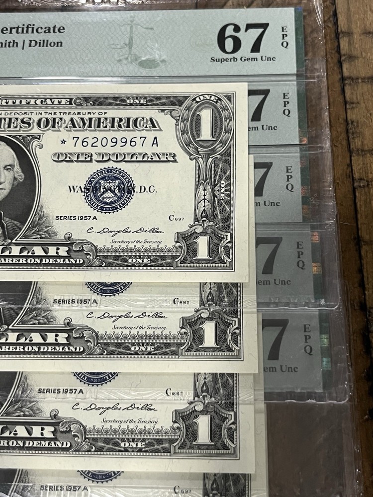 1957 A $1 Silver Certificates PMG 67 EPQ Sequential 5 Graded Notes