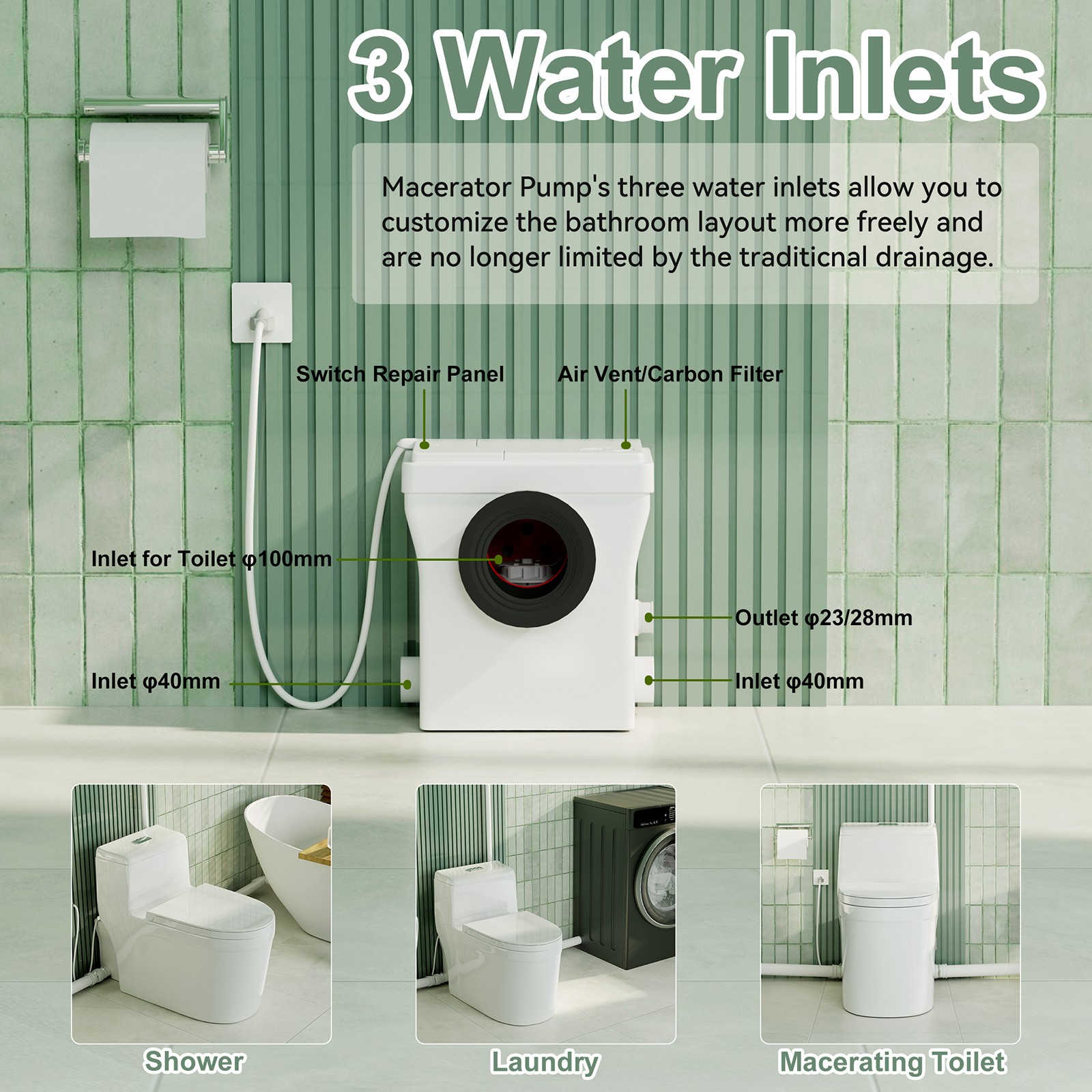 600W One Piece Macerating Toilet System Upflush Toilet w/ 3 Inlets for Basement