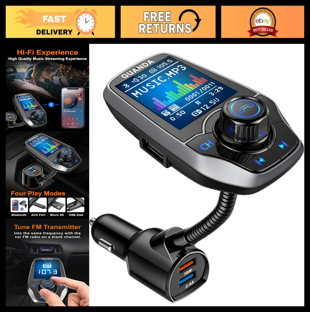 Bluetooth 5.3 FM Transmitter Car Adapter, Hands-Free Calling, USB Fast Charging,