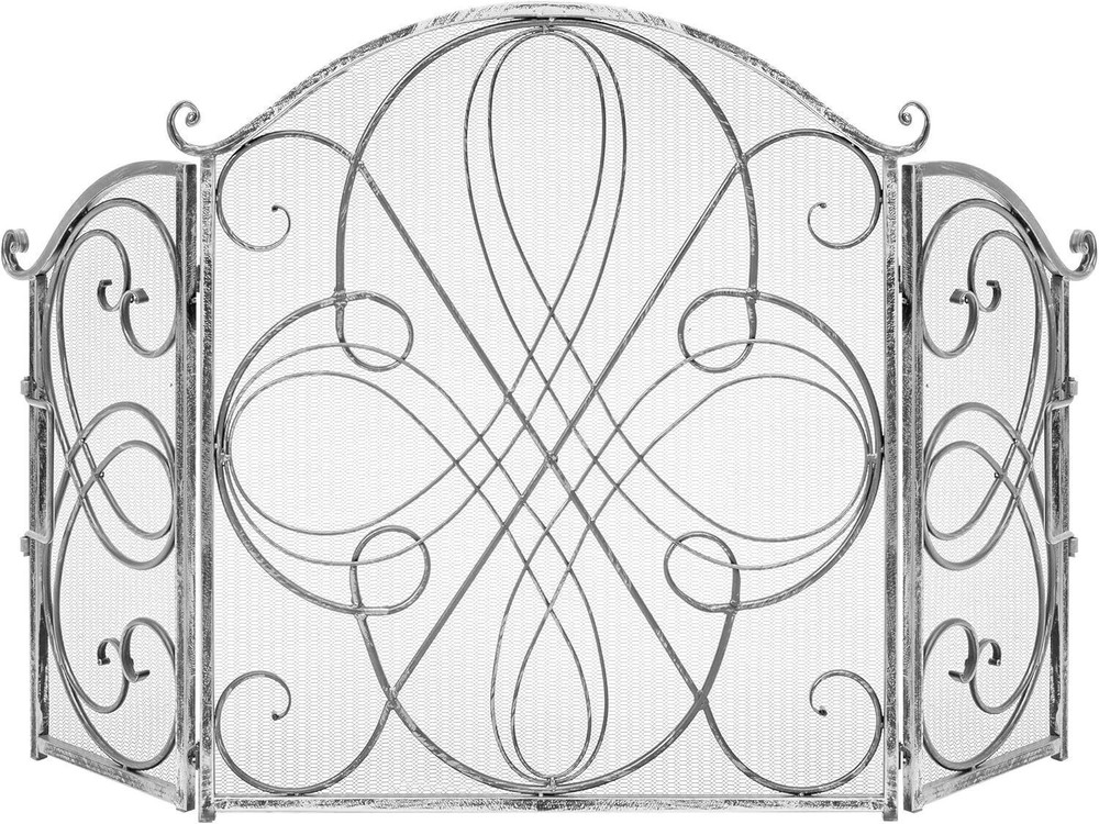 3-Panel Solid Wrought Iron See-Through Metal Fireplace Screen Spark Guard Safety