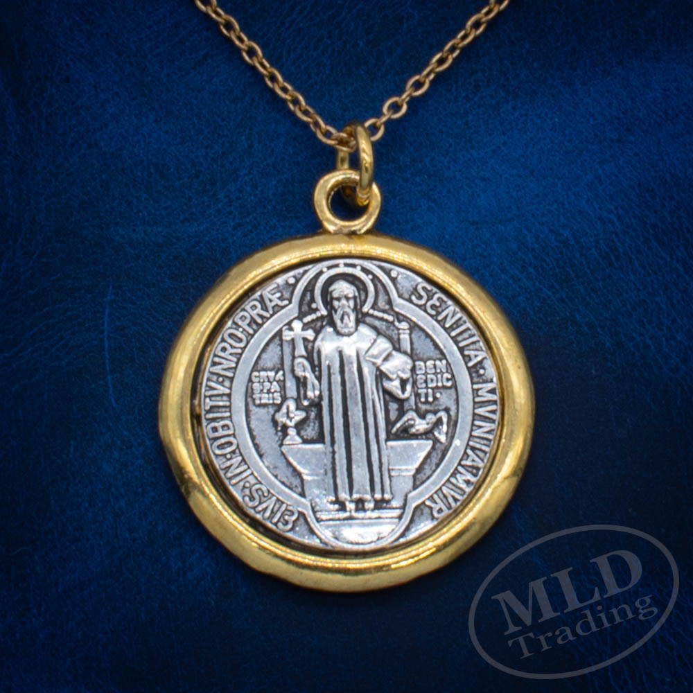 Saint St Benedict Medal Pendant Necklace: Silver w/ Gold Border, 1", 18" Chain