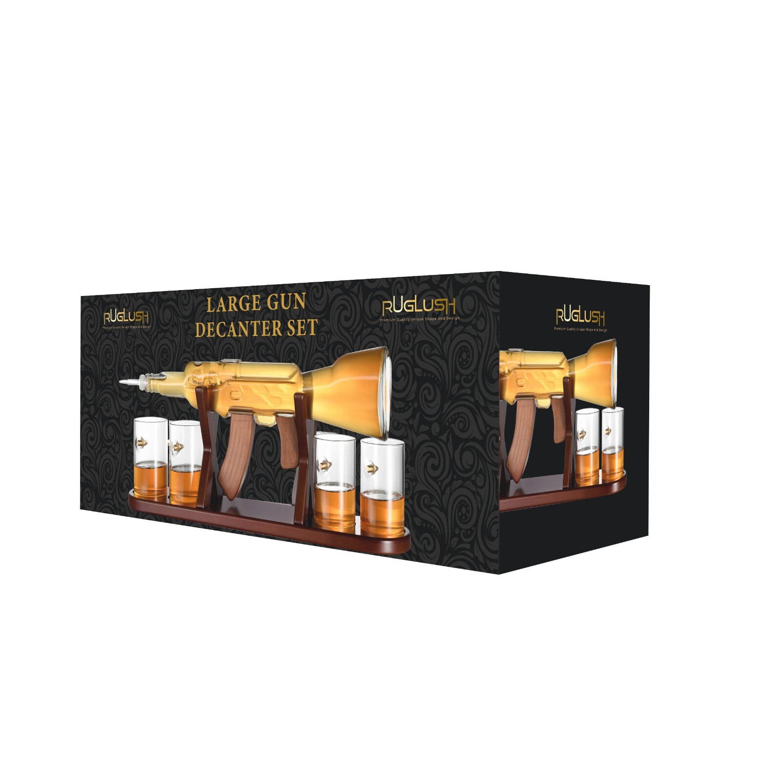 Large Gun Whiskey Decanter By The Diamond Glassware, With 4 Bullet Glasses