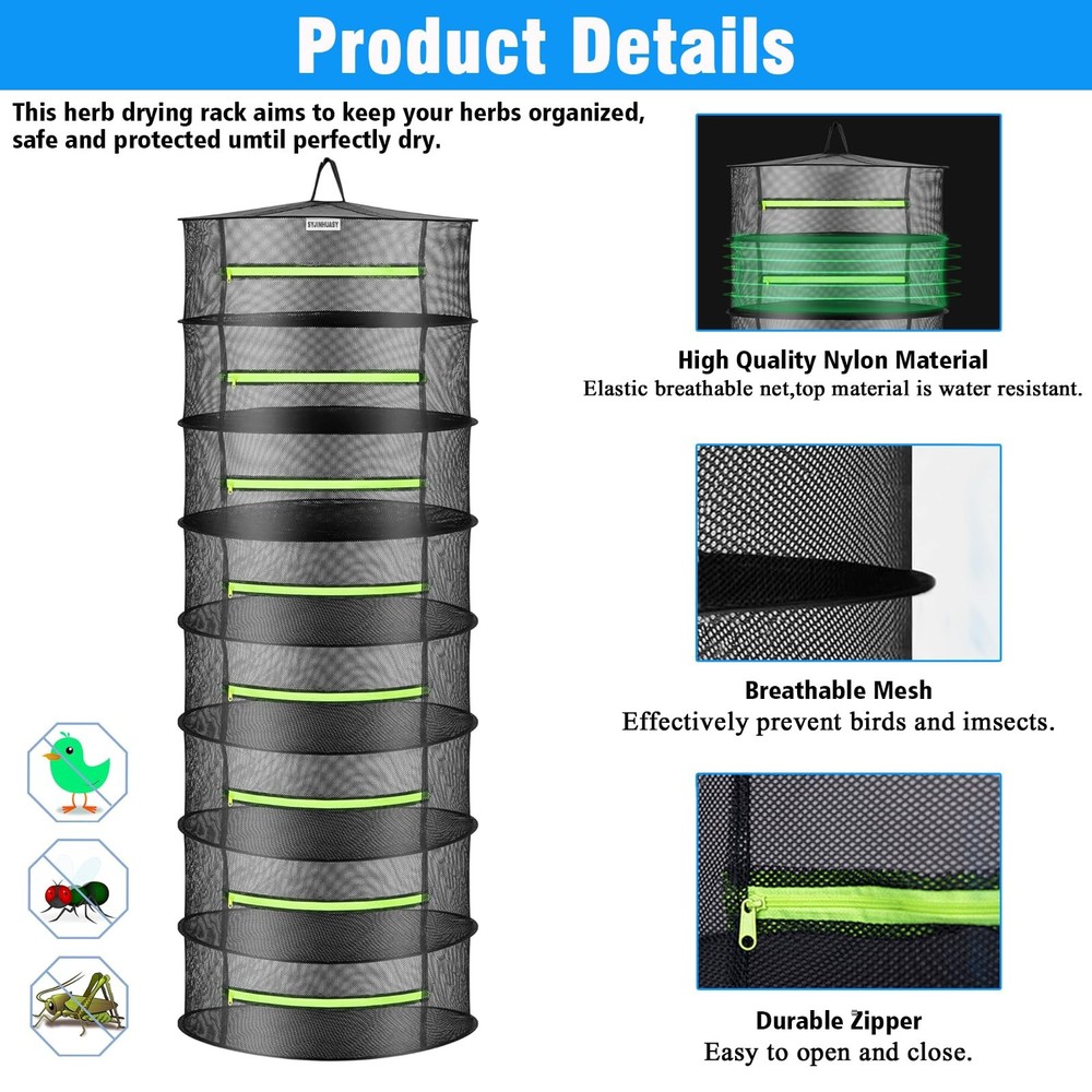 Herb Drying Rack, Breathable Mesh, 8 Layers, Black, Nylon, Polyester, Hanging...