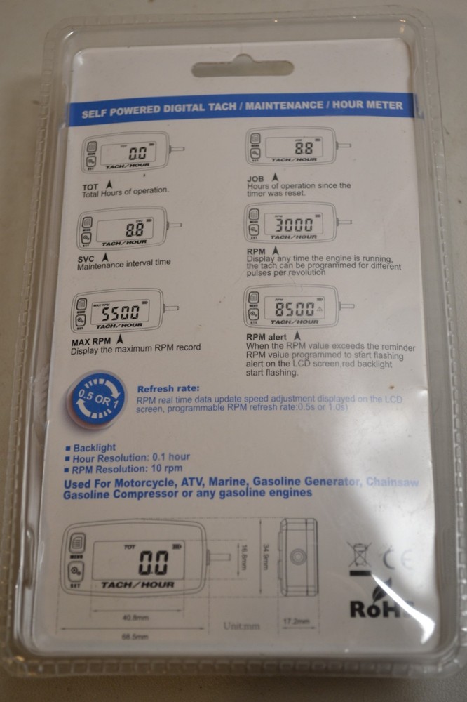 Self Powered Digital Tach/Maintenance/Hour Meter