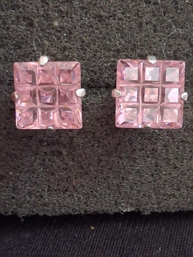 Sterling silver invisible cut pink stone grid pattern stud earrings, prong set